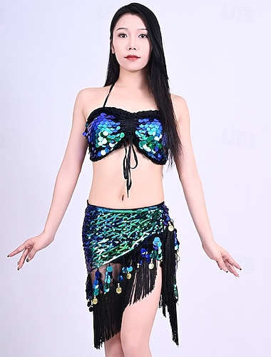  Samba Dansmode Blauw Groene Pailletten Kwast Buikdans Setl Prestatie Kostuum