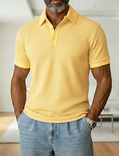  Herren Waffel-Poloshirts Textur Lässig Ferien Revers Gerippter Polokragen Kurzarm Mode Basic Einfach Knöpfe Weich Sommer Frühling Normale Passform Weiß Gelb Burgunderrot Minzgrün Grün Khaki