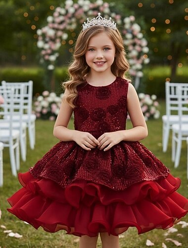  שמלה לנערת הפרחים  בנות שמלה פורמלית לבוש חתונה מפלגה חתונה רשמי אופנתי מקסים נסיכות שמלת לחם הקודש הראשון פאייטים רשת צבע אחיד ללא שרוולים צווארון עגול קצר יין אדום שחור 4-13 שנים