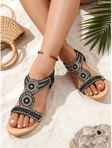 női bohém gyöngyös szandál kör díszítésekkel – kényelmes strand- és üdülőhelyi ékszandálok nyaraláshoz, nyárra és mindennapi viseletre