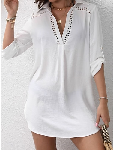 Femmes Mini Robe Robe Blanche Robe de Plage Vêtement couvrant Élégant Mode Classique Quotidien Extérieur Plage Coupe régulière Uni manche longue Col en V Blanche Été Printemps