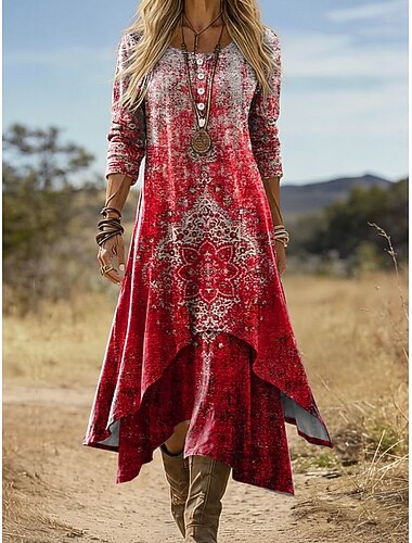  Vrouwen Midi Jurk Boho Shift Jurk Casual Dagelijks Vakantie Reguliere Pasvorm Grafisch Geometrisch Lange Mouw Crew Neck Zwart Rood Oranje Donkerblauw Zomer Lente