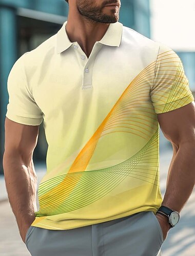  Men's Geometic Line Polo Shirts Short Sleeve Polo Shirts Collared Shirts Casual Athleisure Buttons Summer Blue Yellow Red