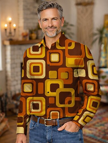  Ретро В стиле 1970-х Рубашка Рубашка Алоха Длинные рукава  Хиппи Геометрический принт Этнический Маскарадный костюм Муж. Маскарад музыкальный фестиваль Для вечеринок На каждый день Взрослые Рубашка