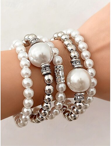  Elegantes Armbandset mit Kunstperlen für Damen, verschiedene Designs in Silber und Perlen, geeignet für Hochzeiten, Partys, festliche Anlässe und als Brautaccessoires.