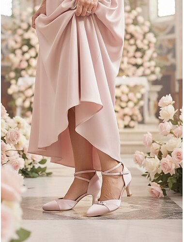  kvinners rosa sateng ankelreim hæler med sløyfedetalj – elegante bryllups- eller festsko med mellomhæl for formelle anledninger