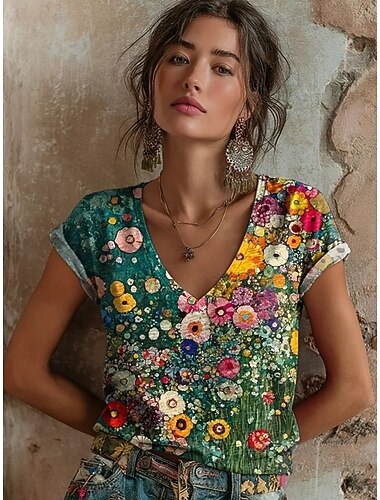  Femmes T-shirt Imprimé Fleuri Graphique ancien Élégant Classique Manche Courte Col en V Hauts Réguliers Quotidien Frêne Noir Vert Claire Rouge Vert Été Printemps