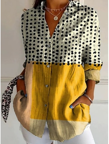  Mulheres Camisa Social camisa de botão Camisa casual camisa de praia Botões Imprimir Geométrica Bloco de cor Elegante à moda Casual Manga Longa Colarinho de Camisa Tops regulares Diário Trabalho