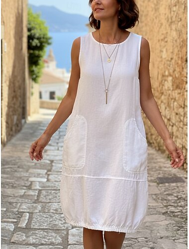  Dam Knälång klänning Boho-klänning Solklänning Vardagsklänning Bomullsklänning Elegant Mode Modern Utomhus Semester Utekväll Normal Slät Ärmlös U-hals Blå Svart Vit Grå Sommar Vår