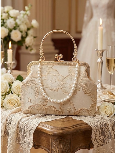  Elegant clutch med perlehåndtak for kvinner – blomsterbrodert design med gullkant, flerfargede alternativer, perfekt for bryllup, fester og formelle anledninger