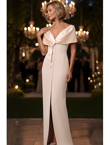  Strak kolom Tot de grond Formele jurk Avondjurk Avondjurken Elegant Celebrity-Stijl Korte mouw Schouderafhangend Avond Feest Bruiloft met Knopen Split Shawl