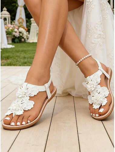  סנדלים שטוחים פרחוניים לבנים תחרה לנשים, נעלי כלה נוחות אלגנטיות לכלות בחתונות גן חיצוניות