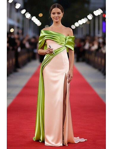  Meerjungfrauenschnitt Bodenlange Schleppe Abendkleid Cape-Kleid Ballkleid mit Cape Elegant Promi-Stil Ärmellos Schulterfrei Hochzeit Formell mit Gerafft Farbblock