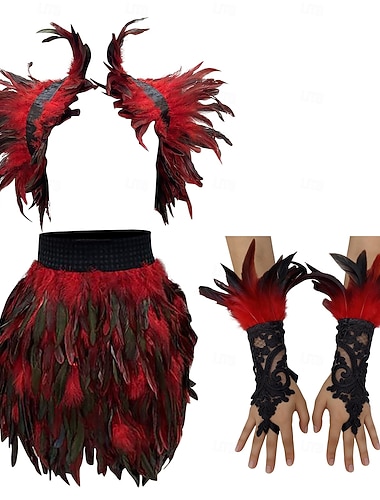  Karneval 2026 Rio Karneval Samba Tilbehør 3Pcs Kvinne Rød Fjær Kostymesett Gotisk Skulderkappe Mini Skjørt  Blondehansker Brasil Festivalopplevelse Kostyme