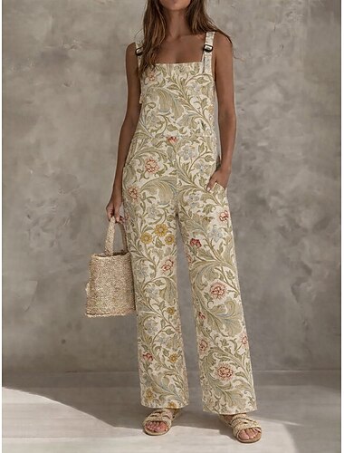  Frauen 100% Baumwolle Latzhosen Aktive Blumendruck Ärmelos Ärmellos Weite Beine Quadrat-Ausschnitt mit Tasche Täglicher Strand Lockerer Schnitt Blau Pink Grün Sommer