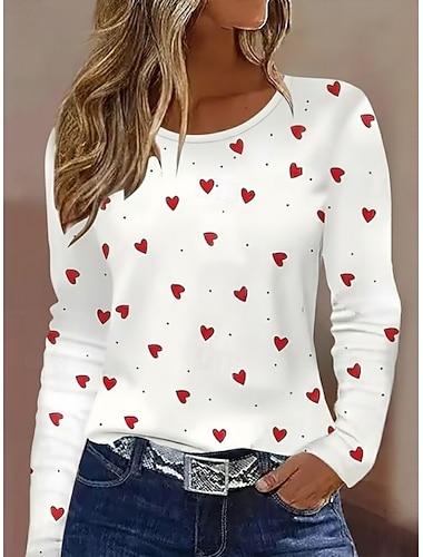  Valentinstag Damen T Shirt Druck Herz Grafik Vintage Mode Stilvoll Langarm Rundhalsausschnitt Normale Oberteile Täglich Wochenende Weiß Rote Sommer Frühling