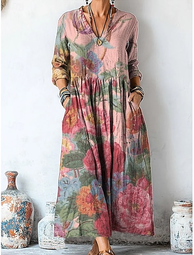  Damen Midikleid Shiftkleid Lässig Date Lässiger Schnitt Blumen Grafik Langarm V Ausschnitt Gelb Rosa Purpur Sommer Frühling