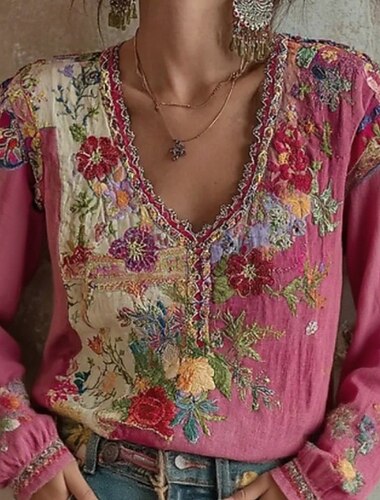  Per donna Camicia Camicia Boho Blusa Ricamato Floreale Grafico Bohemien Vintage Elegante Manica Lunga Scollo a V Top Regolari Quotidiano Ferie Uscire Rosa Estate Primavera