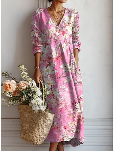  Damen Midi Kleid Leinenähnliches Maxikleid Shift Kleid Casual Party Feiertag Lockerer Sitz Floral Grafik Langarm V-Ausschnitt Schwarz Rosa Grün Sommer Frühling
