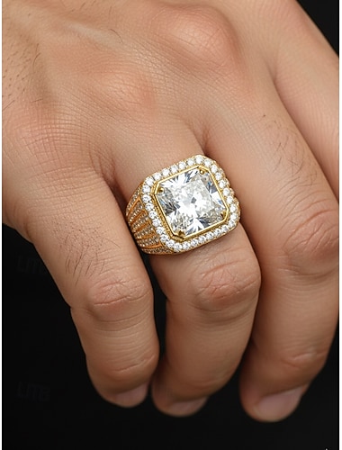  Herrering i gull-/sølvbelagt legering med store firkantede kubiske zirkoniaer, belagt med små diamanter, perfekt til valentinsdagen, bryllup og gavegivning