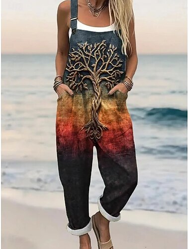  Dames Al met al Actief Bloemig Mouwloos Harem Ronde hals Zak Afdrukken Dagelijks Huis Ruim Passend blauw Paars Oranje Zomer