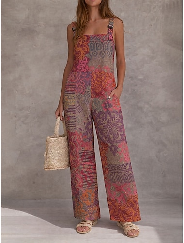  Damen 100% Baumwolle Latzhosen Aktive Blumen Ärmellos Ärmellos Gerade Quadrat Ausschnitt Tasche mit Tasche Täglich Strand Reguläre Passform Blau Rot Grün Sommer