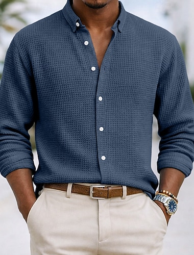  Herren Hemd Waffelhemd Freizeithemd Knopfhemd Blau Schwarz Weiß Wein Marineblau Langarm Einfach Revers Lässig Täglich Bekleidung Mode Streetwear Lässig