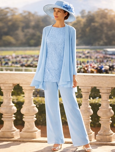  3-delige pantalon jurk tot op de grond bruidsmoeder jurk lange mouwen crew hals elegant formeel trouwgast met kralen