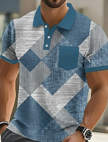  Herren Farbblock Geometrisch Polo Kurzarm Polo-Shirts Hemden mit Kragen Business-Casual Outdoor Athleisure Alltagskleidung 3D-Druck Knöpfe Sommer Frühling Blau Purpur Grün