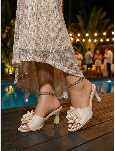  Damessandalen met open neus en hak, versierd met een bloemenprint en 3D-bloemdetails, perfect voor zomerfeestjes, strandvakanties, bruiloften en resortkleding.