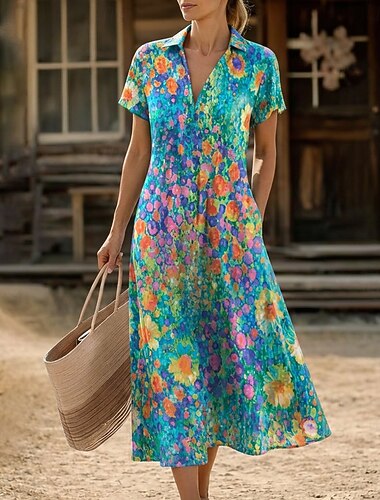  Dames Lange jurk maxi-jurk Boho chique jurken Zonnejurk strand jurk Tropisch Casual Boho Vakantie Werk Dagelijks Normale pasvorm Ditsy bloemen Korte mouw V-hals Revers Bruin Regenboog Zomer Lente