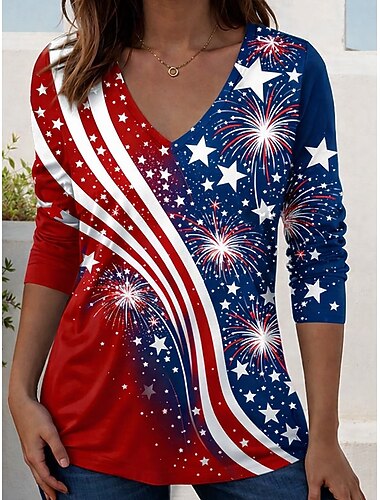  Onafhankelijkheidsdag Patriottische Dames T-shirt Print Grafisch Amerikaanse Vlag Vintage Stijlvol Klassiek Lange Mouwen V-hals Regulair Tops Dagelijks Weekend Zwart Rood Rood  Blauw Zomer Lente