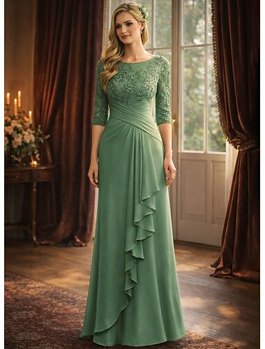  Kleid Bodenlang Hochzeitsgastkleid Formelle Kleider Abendkleid Brautmutterkleid 3/4 Ärmel Rundhals Elegantes Hochzeitsgast mit Einfarbig