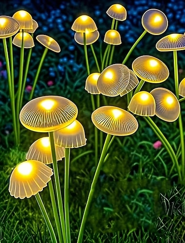  Lot de 2 lampes solaires d'extérieur étanches en forme de champignon, lucioles et méduses, idéales pour décorer jardins, allées et pelouses, ou pour éclairer les espaces verts agricoles. Disponibles