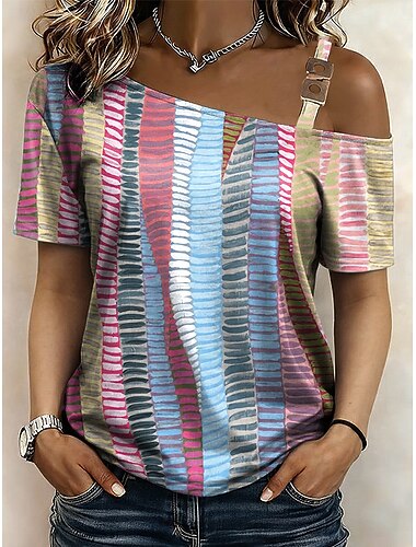  Dames T-shirt Afdrukken Assymmetrisch Grafisch Abstract Vintage Modieus Stijlvol Korte mouw Eén-schouder Schouderafhangend Normale tops Dagelijks Uitgaan Weekend blauw Wit Oranje Zomer Lente