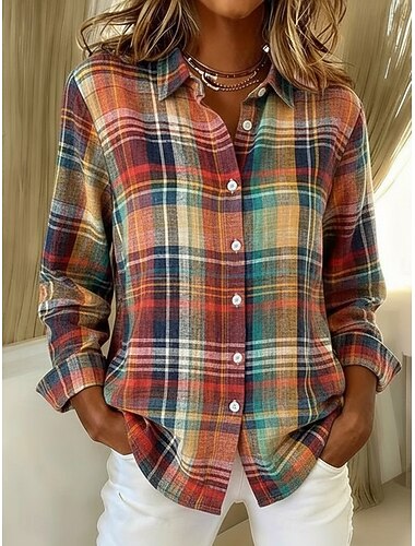  Mulheres Camisa Social Linho de algodão sintético Botões Imprimir Xadrez Boêmia Ativo Vintage Manga Longa Colarinho de Camisa Tops regulares Diário Feriado Vermelho Roxo Primavera Outono