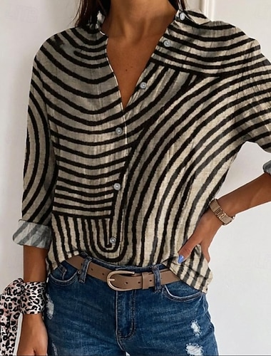  Damen Hemd Knopfleiste Bluse Kunstbaumwollleinen Knöpfe Druck Blumen Geometrisch Basic Lässig Langarm Hemdkragen Normale Oberteile Täglich Armeegrün Rote Khaki Grau Herbst Winter