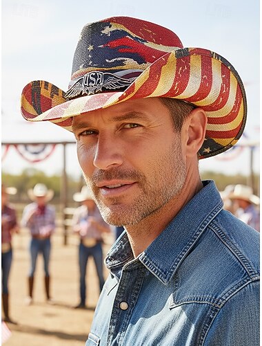  États-Unis 250e Anniversaire Chapeau de Cow-boy Western en Paille pour Homme avec Imprimés Drapeau Patriotique Fedora en Tissu Respirant dans Plusieurs Designs Festival Vacances et Port Quotidien