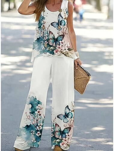  Damen Hosen-Sets Ärmellos Rundhals U-Ausschnitt Blumen Grafik Schmetterling Urlaub Täglich Lässig Täglich Leicht Blau Sommer Lässiger Schnitt
