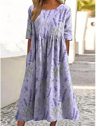  Damen Maxikleid Freizeitkleid Blumenkleid Elegant Strand Lässiger Schnitt Blumen Halbarm Rundhalsausschnitt Himmelblau Tintenblau Violett Sommer Frühling