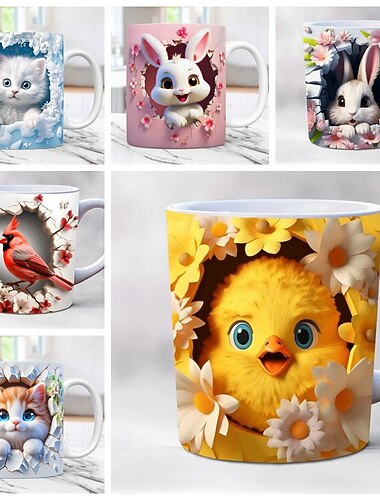  Niedlicher 3D-Kaffeebecher (325 ml) mit Katze, Kaninchen und Vogelmotiv, isolierter Keramikbecher, wiederverwendbar, nur Handwäsche, bezauberndes Tierdesign mit Blumen, perfektes Geschenk für