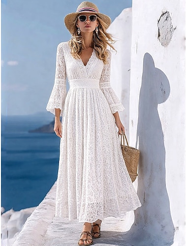  Damen Maxikleid Weißes Spitzenkleid A Linie Kleid Lässig Outdoor Ausgehen Standard Passform Einfarbig Langarm V Ausschnitt Weiß Sommer Frühling Herbst
