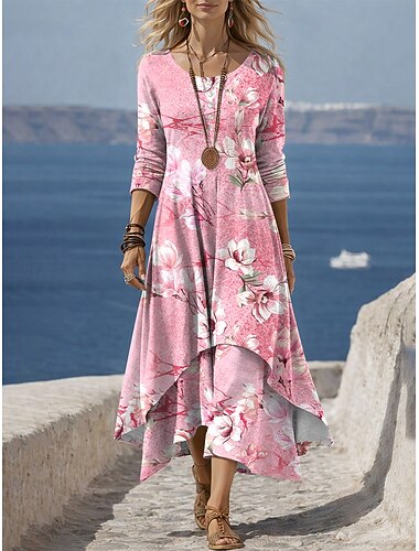  Damen Midikleid Shiftkleid Lässig Täglich Ferien Normale Passform Blumen Grafik Langarm Rundhalsausschnitt Blau Rosa Purpur Grün Sommer Frühling