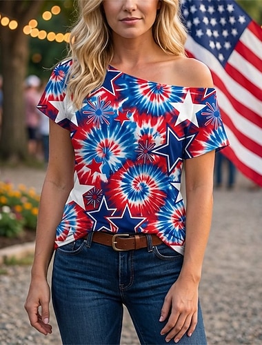  250. rocznica USA Retro / vintage Lata 80 Koszulkowy Na jedno ramię Krótkie rękawy Strój na bal maskowy Damskie 4 lipca Dzień Niepodległości Dla dorosłych podkoszulek