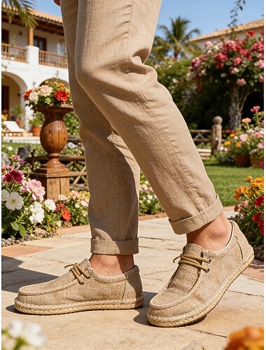  Beige, avslappede loafers for menn, lett design med elastisk snøring, komfortable og stilige for utendørs bruk på feriesteder og sommerferier