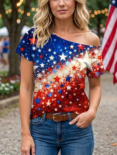  250. rocznica USA Retro / vintage Lata 80 Koszulkowy Na jedno ramię Krótkie rękawy Strój na bal maskowy Damskie 4 lipca Dzień Niepodległości Dla dorosłych podkoszulek