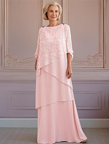  A-lijn Jurken Tot de enkel Kralenborduurwerk Bruiloft gast jurk Formele jurk Moeder van de bruid jurk Halve mouw Met sieraad Elegant Vintage Bruiloft gast Kerk (83 Chiffon Kant met Pailletten Lagen