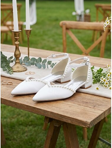  Zapatos de boda planos color marfil y perla para mujer, con punta puntiaguda y tira en el tobillo, elegantes zapatos de boda para jardín.