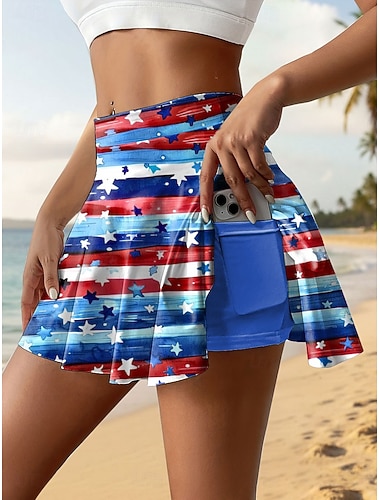  Día de la Independencia Falda de Tenis Patriótica para Mujeres Moda Casual Mini Cintura Alta Falda Gráfica Elástica Uso Diario Playa Azul Rosa Púrpura Verde Verano 95% Poliéster 5% Spandex