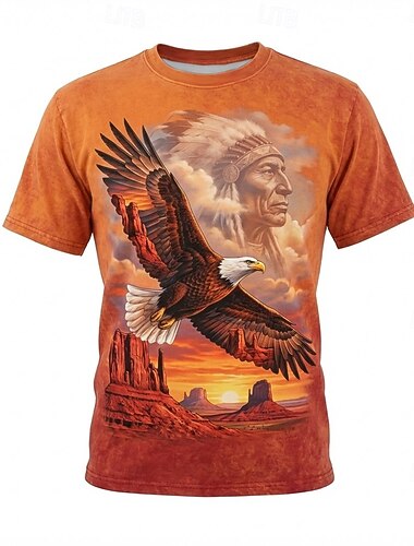  ネイティブアメリカンの酋長、白頭鷲、夕日、砂漠の3DグラフィックTシャツ、メンズ、ウエスタン、ヴィンテージ、オレンジ、Tシャツ、トップス、衣類、アパレル、S、M、L、XL、XXL、XXXL